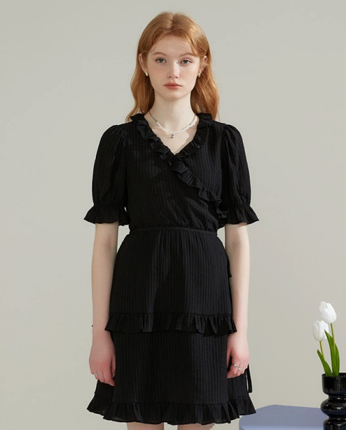 Puff Sleeve Ruffle Trim Shirred Waist Layered Hem Dress